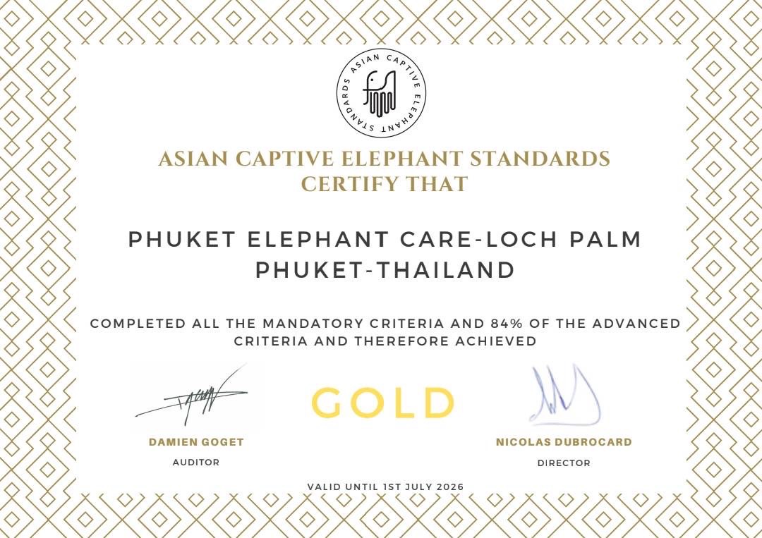Certificate from Asian Captive Elephant Standards for Loch Palm sanctuary